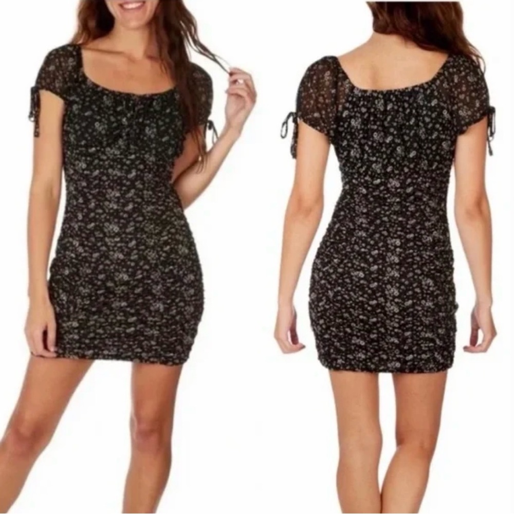 Ultra Flirt Black Floral Scoop-Neck Ruched Mini Dress